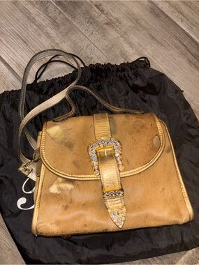 Gold Cowhide Crossbody Bag with Crystal Buckle